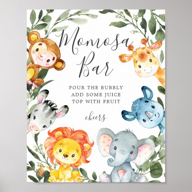 Póster Rótulo Baby Shower Mimosa Bar Animals Jungle (Frente)