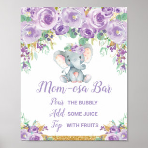 Póster Rótulo Baby Shower Momosa Bar Elephant Purple Flor