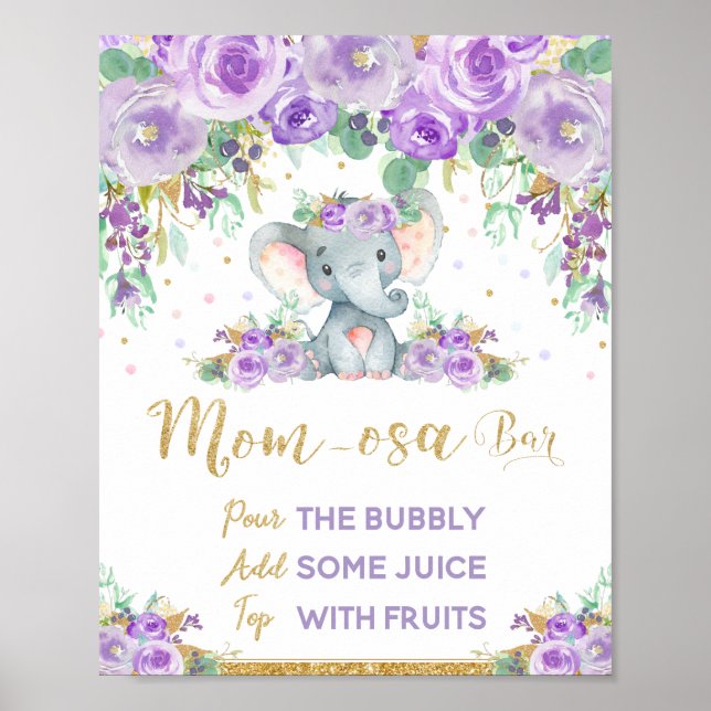 Póster Rótulo Baby Shower Momosa Bar Elephant Purple Flor (Frente)