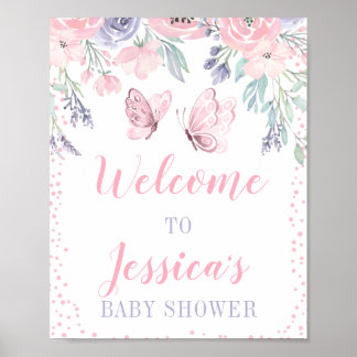 Póster Rótulo Baby Shower Morple Pink Floral Butterfly