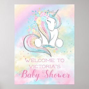 Póster Rótulo Baby Shower Pastel Rainbow Unicorn