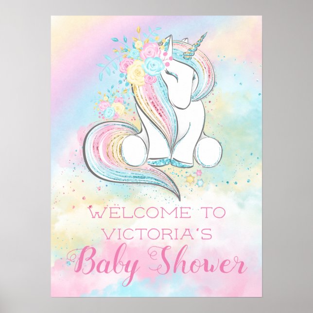Póster Rótulo Baby Shower Pastel Rainbow Unicorn (Frente)
