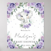 Rótulo Baby Shower Purple Lilac Floral Cute Elepha
