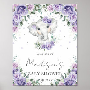 Póster Rótulo Baby Shower Purple Lilac Floral Cute Elepha