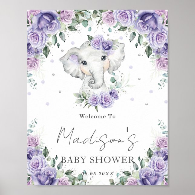 Póster Rótulo Baby Shower Purple Lilac Floral Cute Elepha (Frente)