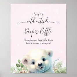 Póster Rótulo Baby Shower rosa de oso polar invernal