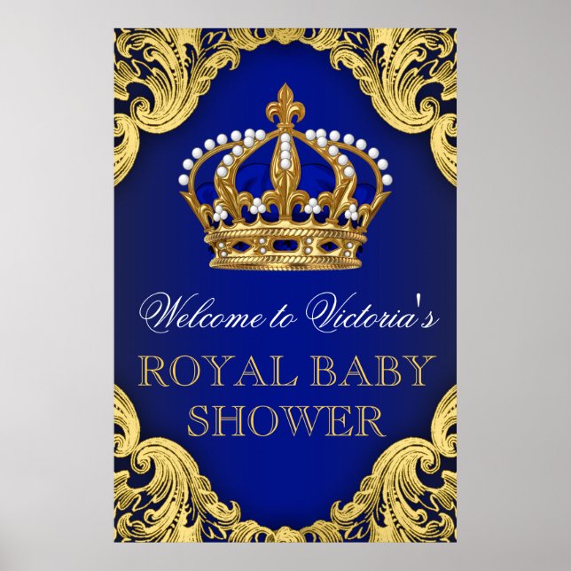 Póster Rótulo Baby Shower Royal Blue Gold Prince (Frente)