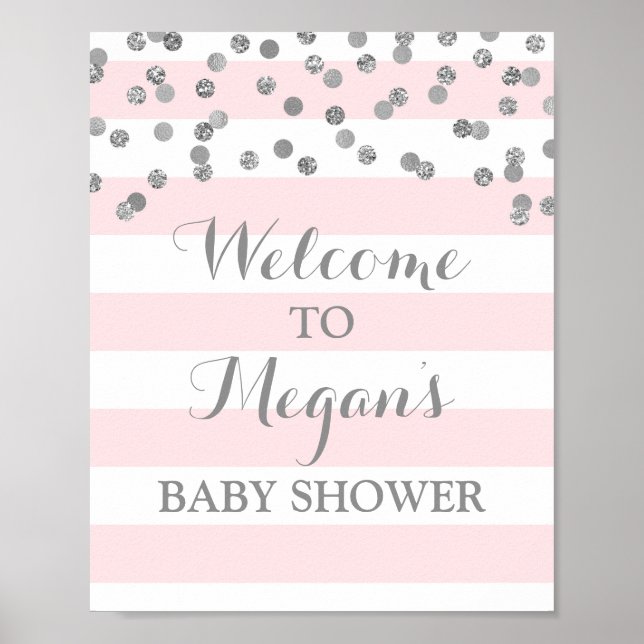 Póster Rótulo Baby Shower Rubor Stripes Silver Confetti (Frente)