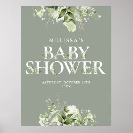 Póster Rótulo Baby Shower Sage Greenery Floral