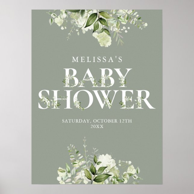 Póster Rótulo Baby Shower Sage Greenery Floral (Frente)