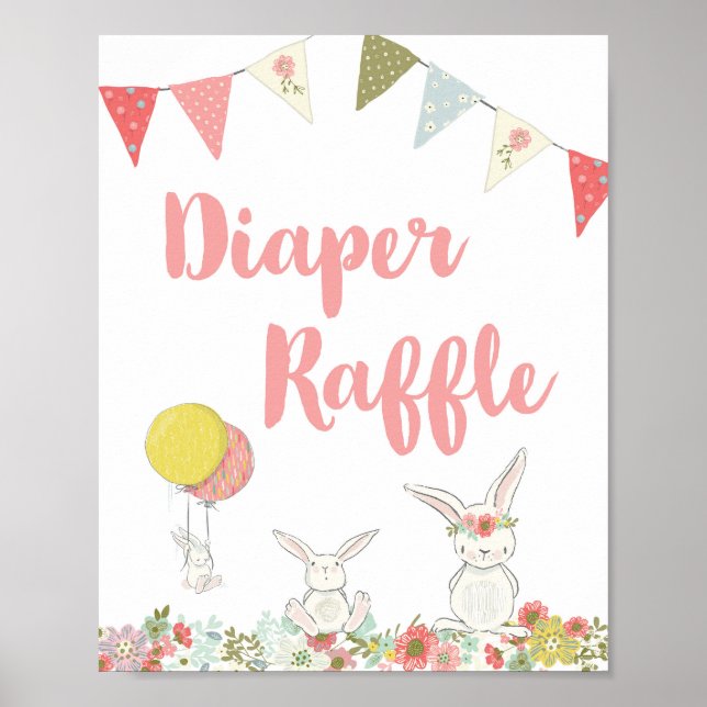 Póster Rótulo Baby Shower White Rabbit Diaper Raffle (Frente)