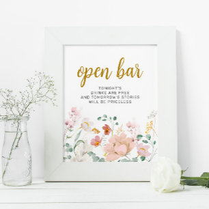 Póster Rótulo Bar abierto Boda Wildflowers