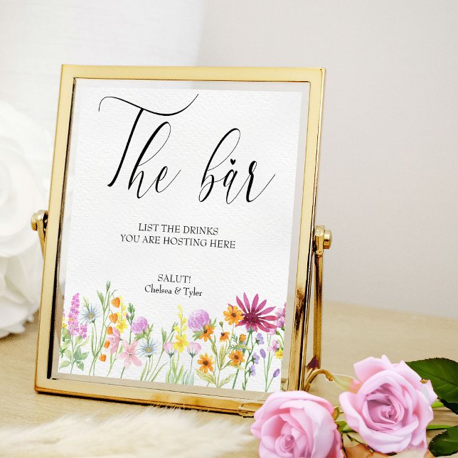 Póster Rótulo Bar Boda Floral Wildflower Meadow (Wildflower wedding bar poster to order professionally printed or as a printable digital download)
