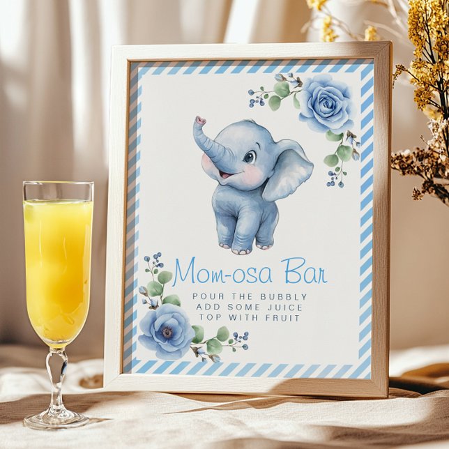 Póster Rótulo Bar Elephant Mom-osa - Blue Floral Baby Sho (Cute mimosa bar sign)