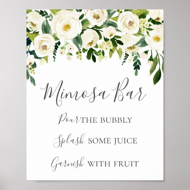 Póster Rótulo Bar Mimosa con flores blancas y vegetación (Frente)