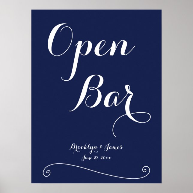 Póster Rótulo Bar Navy Blue Elegant Wedding abierto 18x24 (Frente)