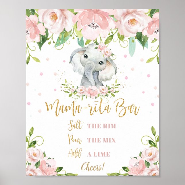 Póster Rótulo bar Sweet Elephant Pink Floral Gold Mama-ri (Frente)