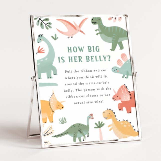 Póster Rótulo Belly de Baby Shower (Dinosaur Baby Shower How Big Is Her Belly? Game Sign by Painted Paperie)