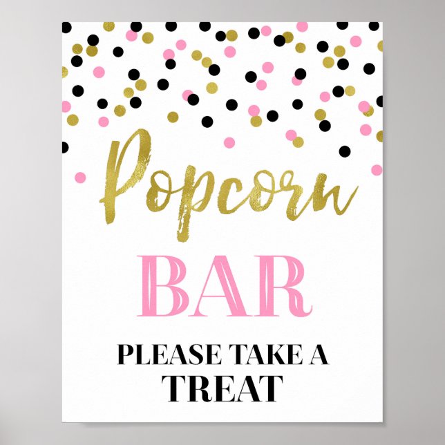 Póster Rótulo Black Pink Gold Confetti Popcorn Bar (Frente)