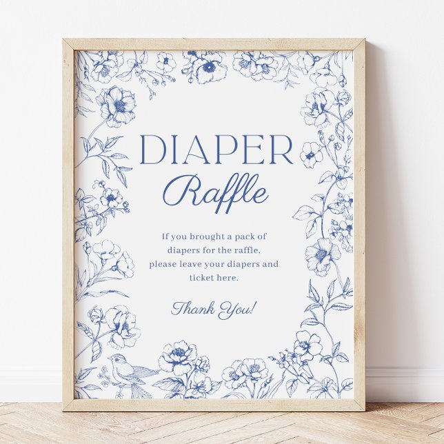 Póster Rótulo Blue Chinoiserie Baby Shower Diaper Raffle (Blue Chinoiserie Baby Shower Diaper Raffle Sign)
