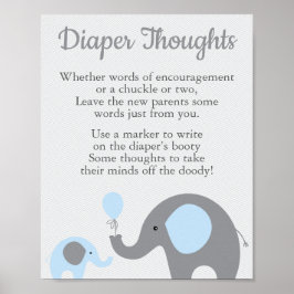 Póster Rótulo Blue Elephant Baby Shower Diaper Thoughts