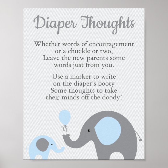 Póster Rótulo Blue Elephant Baby Shower Diaper Thoughts (Frente)