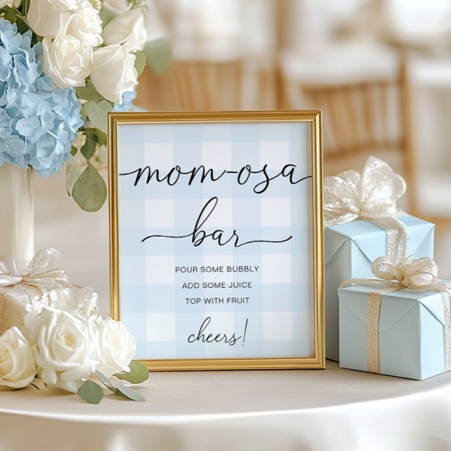 Póster Rótulo Blue Gingham Baby Shower Mom-osa Bar (Subido por el creador)