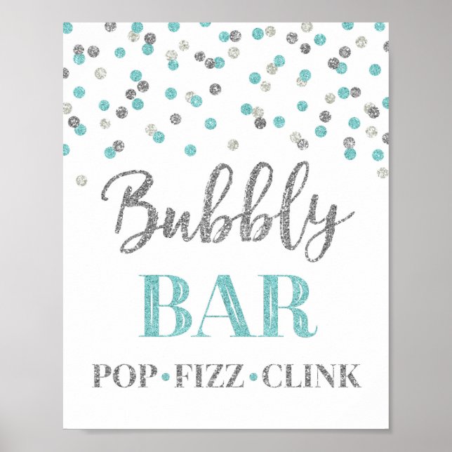 Póster Rótulo Blue Silver Confetti Bubbly Bar (Frente)