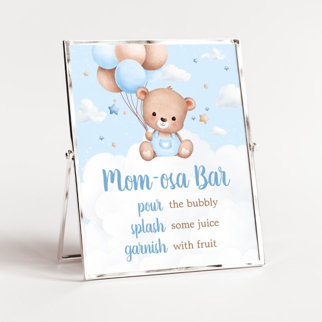Póster Rótulo Blue Teddy Bear Baby Shower Mom Osa Bar (Blue Boy Teddy Bear Clouds Balloon Baby Shower Sign)