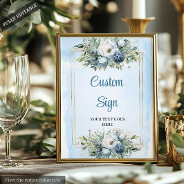 Póster Rótulo Boda Bohemian Dusty Blue Floral Gold DIY