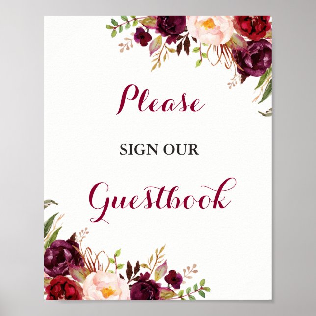 Póster Rótulo Boda Burgundy Floral Guestbook (Frente)