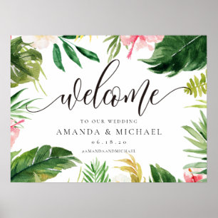 Póster Rótulo Boda de bienvenida con hojas tropicales y f
