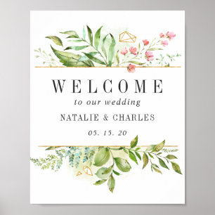 Póster Rótulo Boda de bienvenida de follaje verde floral 