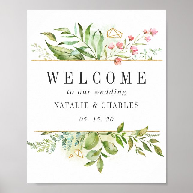 Póster Rótulo Boda de bienvenida de follaje verde floral  (Frente)