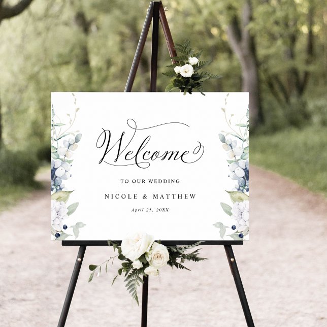Póster Rótulo Boda de bienvenida floral blanca y azul mod (Subido por el creador)