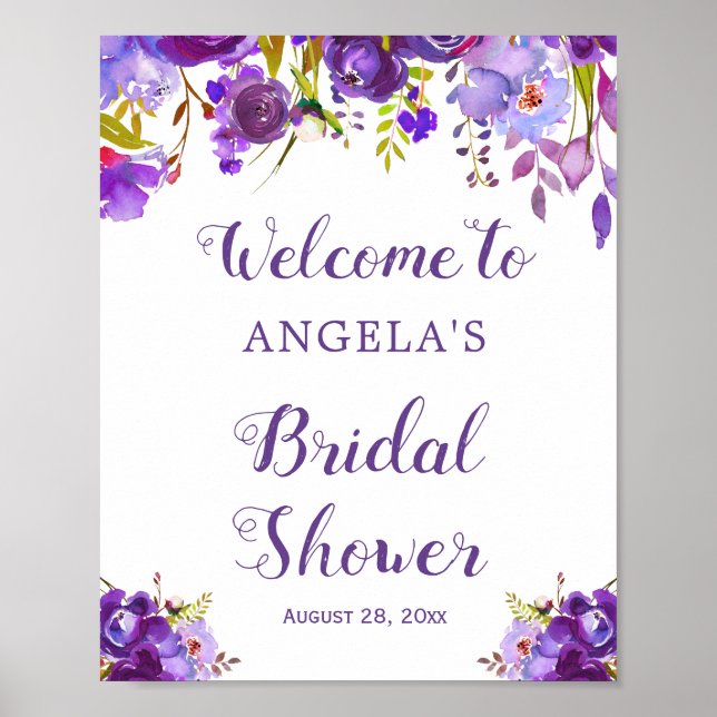 Póster Rótulo Boda de bienvenida Floral púrpura ultra vio (Frente)