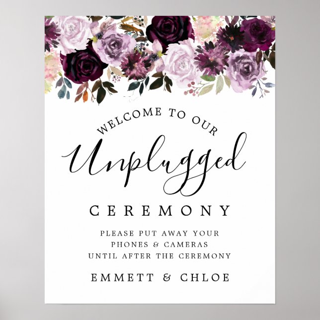 Póster Rótulo Boda de Ceremonia Pink Purple Floral desenc (Frente)