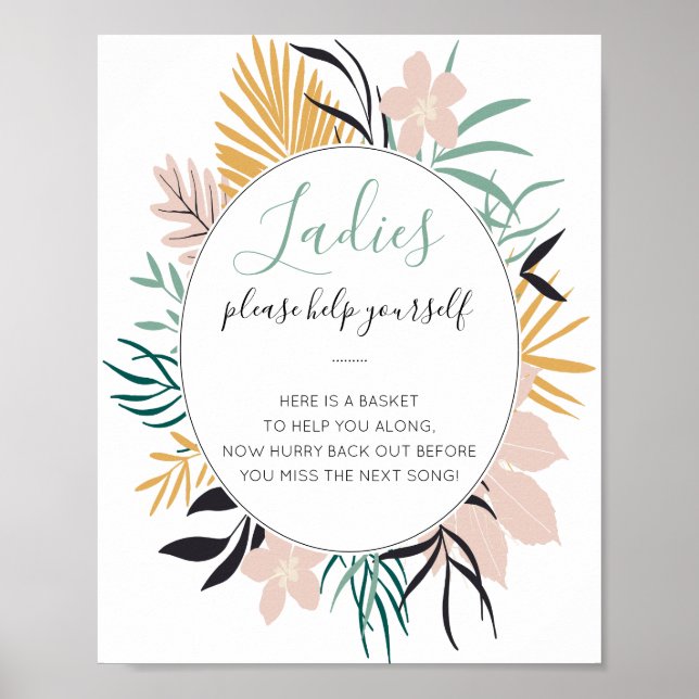 Póster Rótulo Boda de cesta de baño de damas tropicales (Frente)
