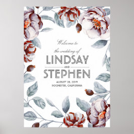 Póster Rótulo Boda de color de agua de las flores de ciru