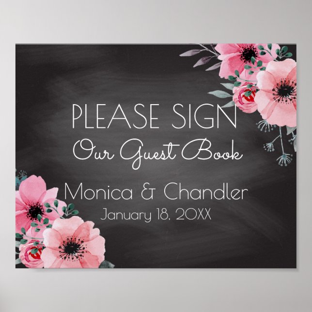 Póster Rótulo Boda de Guestbook | Elegante pizarra floral (Frente)
