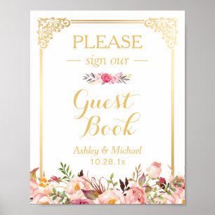 Póster Rótulo Boda de Guestbook Floral de marco dorado