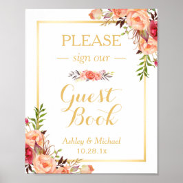 Póster Rótulo Boda de Guestbook | Floral Rustic Gold Nara