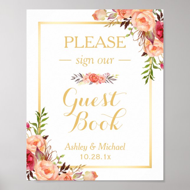 Póster Rótulo Boda de Guestbook | Floral Rustic Gold Nara (Frente)