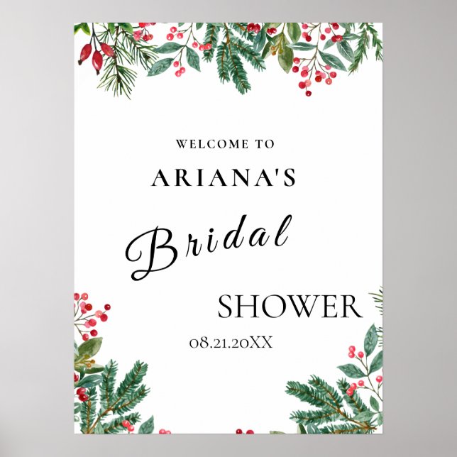 Póster Rótulo Boda de invierno Berries Pine Cone (Frente)