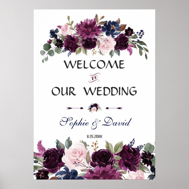 Póster Rótulo Boda de la Marina de Lavanda Floral Azul (Frente)