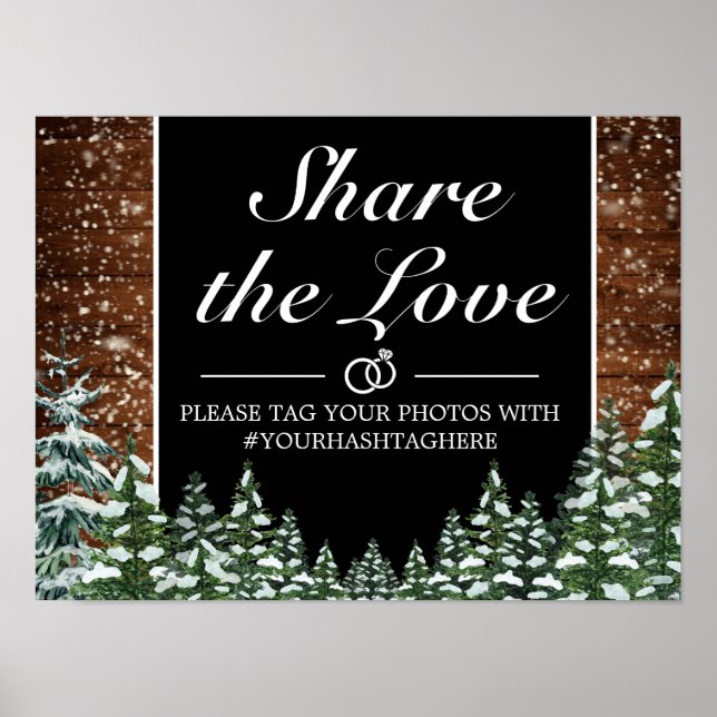 Póster Rótulo Boda de madera de nieve negra y pino forest (Frente)