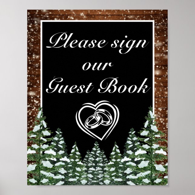 Póster Rótulo Boda de madera de nieve negra y pino forest (Frente)