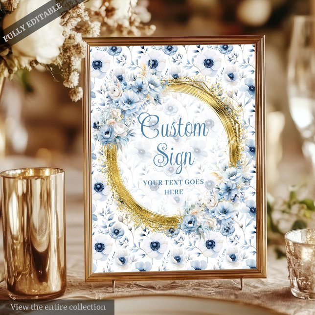 Póster Rótulo Boda de oro azul Pastel Bohemio Romántico (Romantic Bohemian Pastel Blue Gold Wedding Sign)