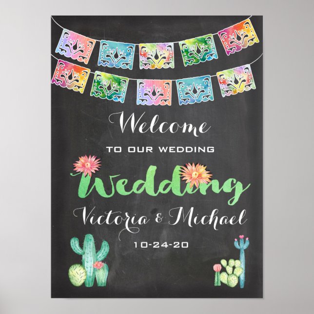 Póster Rótulo Boda de pancarta de cactus acuarela mexican (Frente)