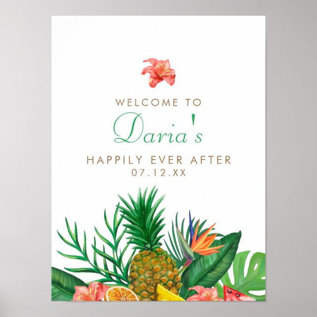 Póster Rótulo Boda de piña tropical (Frente)
